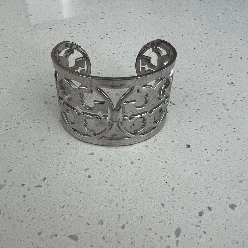Tory Burch logo Wide Bangle/Cuff Bracelet Silver Tone Women's
